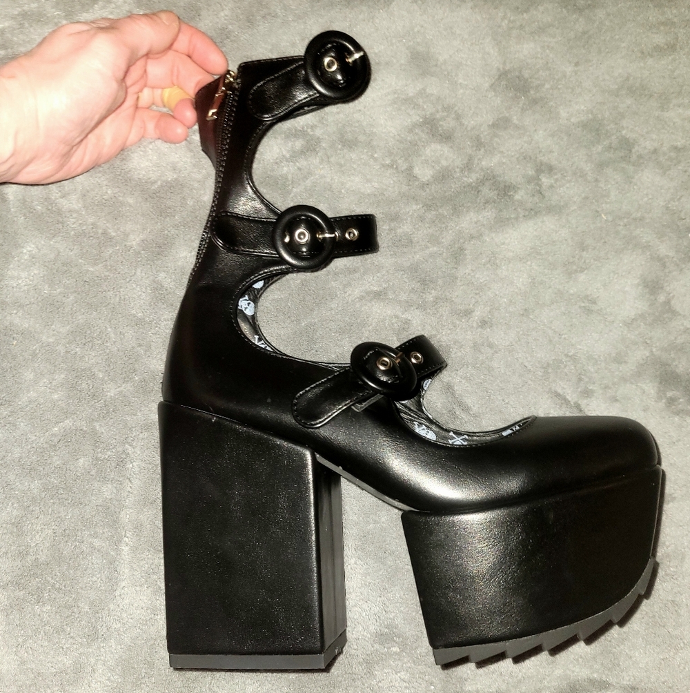 Dolls Kill Black Platform Mary Jane Heels | Triple Buckle Goth Platforms